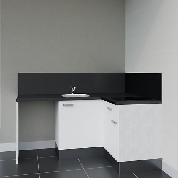 Kitchenette KA01 - 128 cm - Façades : Blanc - Plan de travail : Noir texturé - Crédences : Oui - Evier