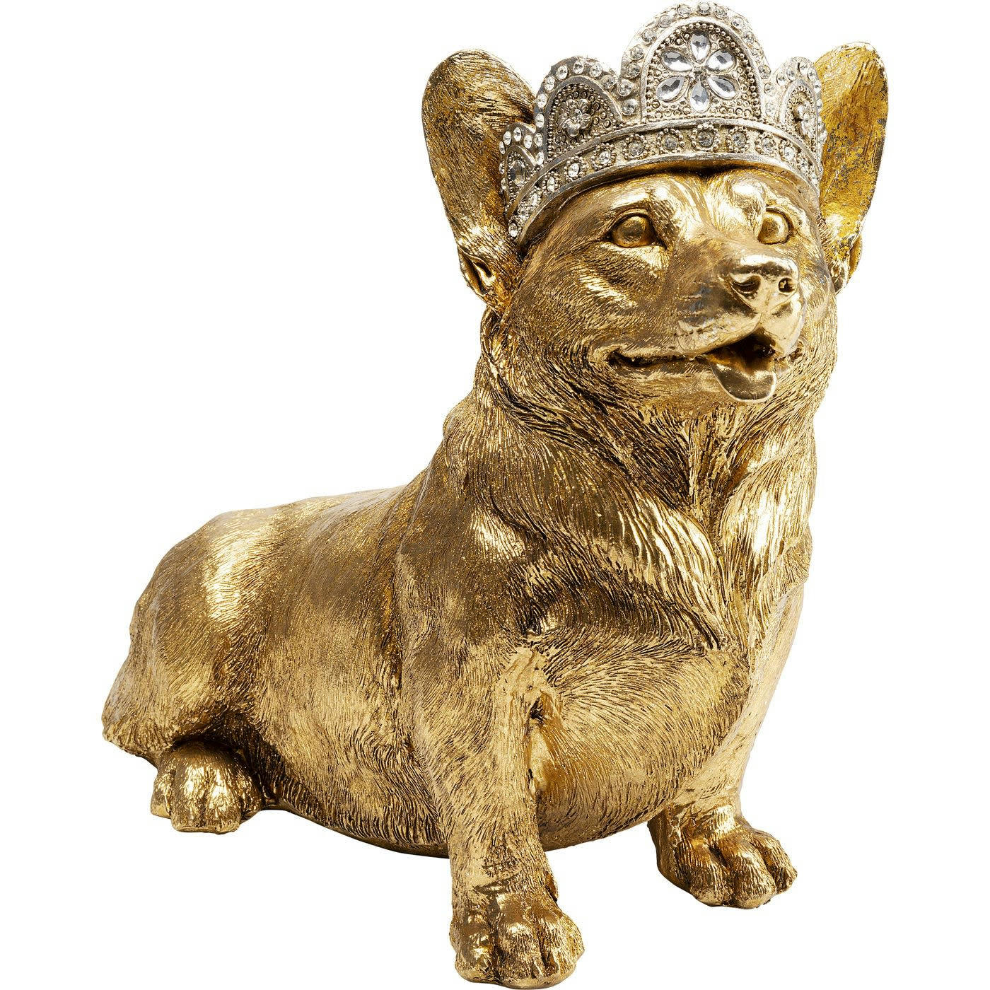 - Statuette chien corgi couronne assis en polyrésine dorée