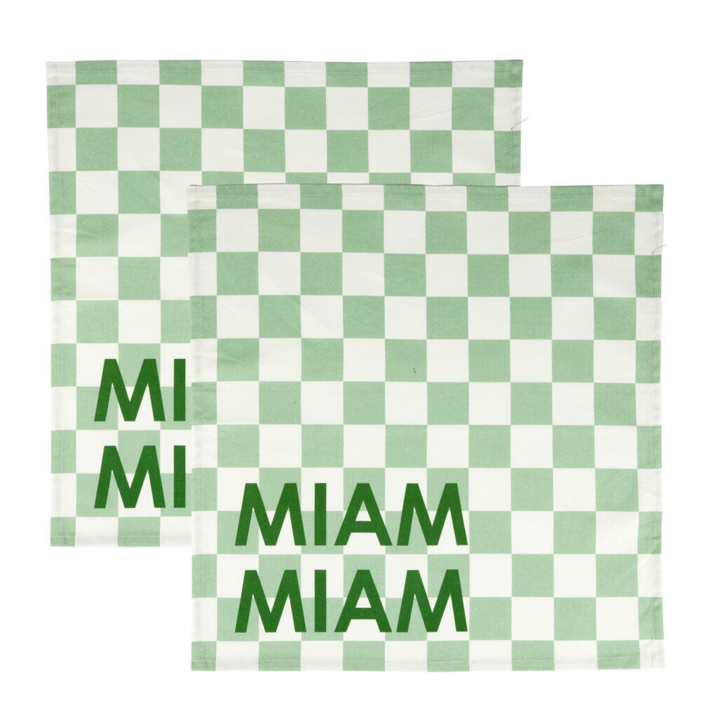 Serviette de table x2 coton vichy vert "miam miam" 45x45cm