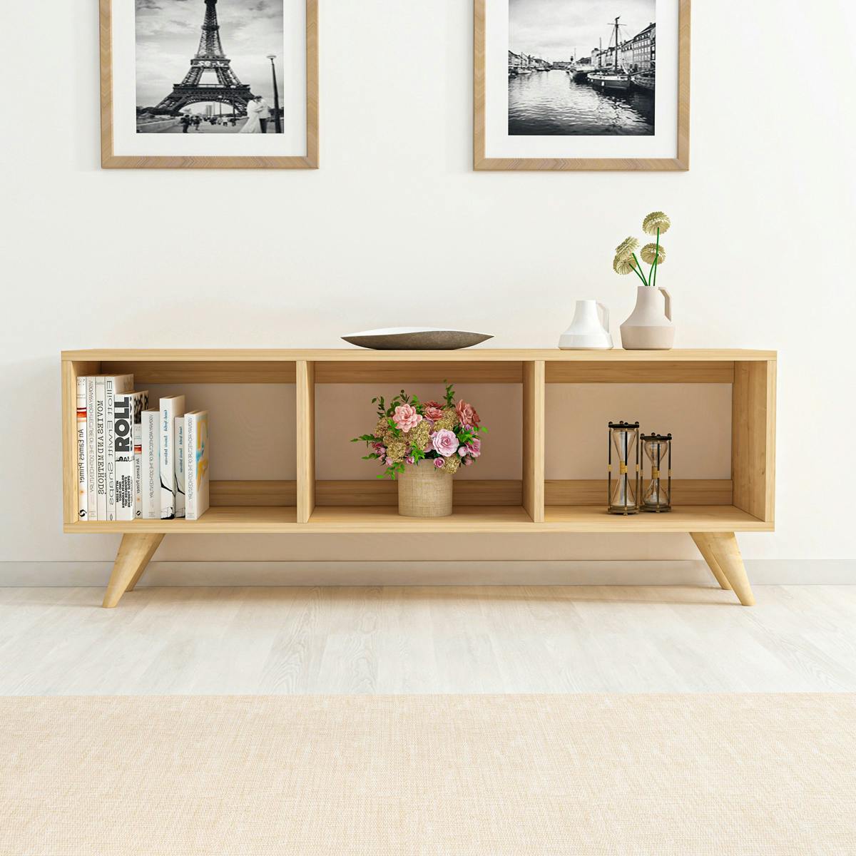 Meuble TV scandinave 3 niches ouvertes pieds obliques MARFA