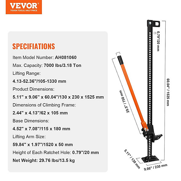 Cric Tout-Terrain 4x4 Cric Agricole Charge 3,18 T Cric Hi-Lift Haut 152,5 cm Plage de Levage
