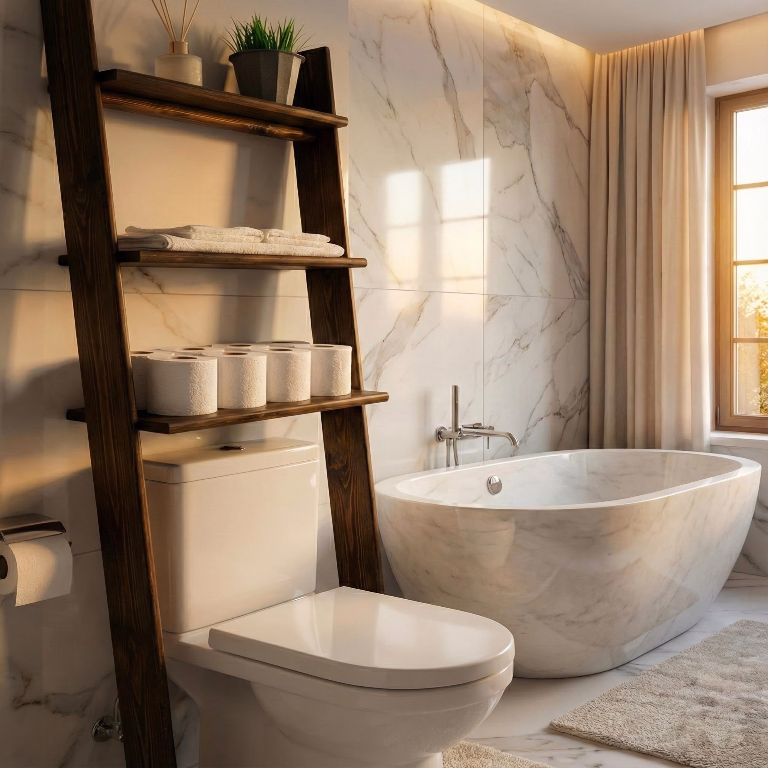 Over the Toilet Ladder Shelf: Small Space Bathroom Storage Above WC Leaning Organizer Stand