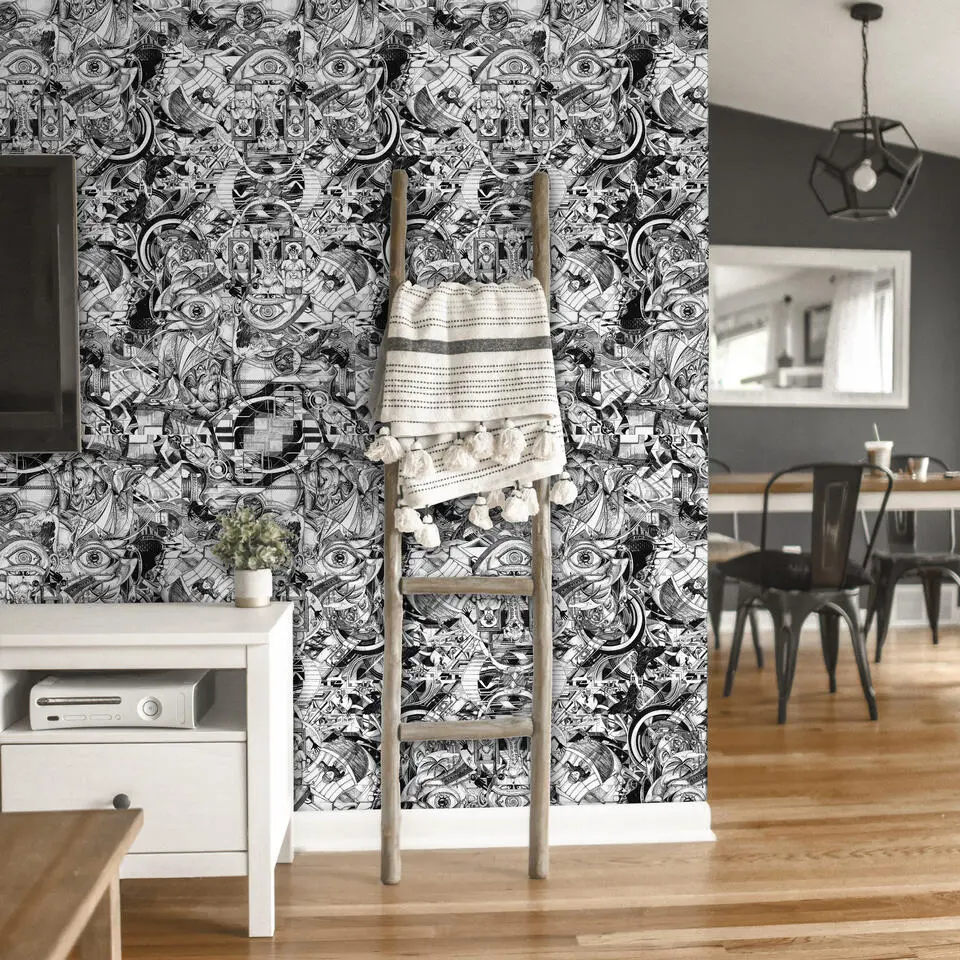 Walls4You behang surrealistisch motief zwart en wit - 53 cm x 10 m