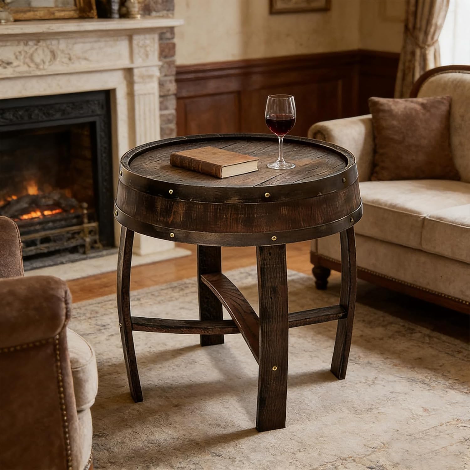 Whiskey Barrel Table, Rustic Wine Barrel End Table, Handcrafted Round Wooden Bourbon Coffee Desk for Vintage Wine Bar and Home Décor