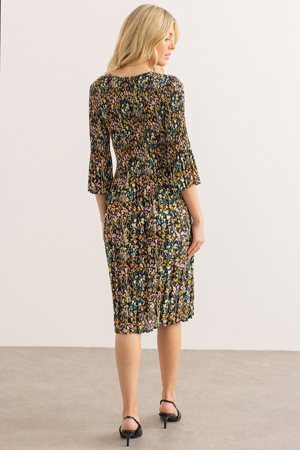 Klass. Three Quarter Sleeve Meadow Print Pleated Dress