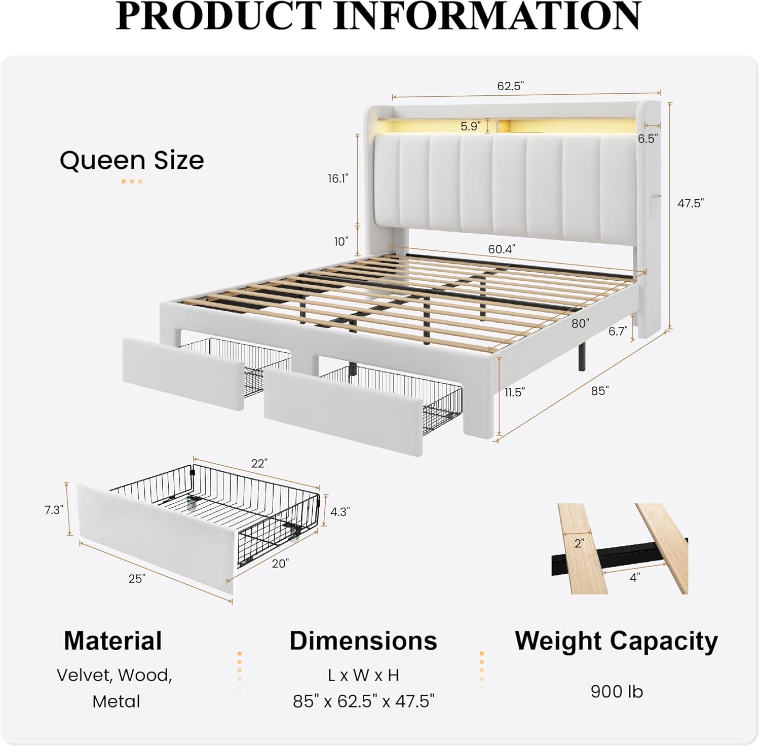 SHA CERLIN Velvet Queen Bed Frame with Vertical Channel Tufted Wingback Headboard & 2 Storage Drawers/2-Tier Shelves with LED Lights & Charging Station/Noise-Free/No Box Spring Needed/White