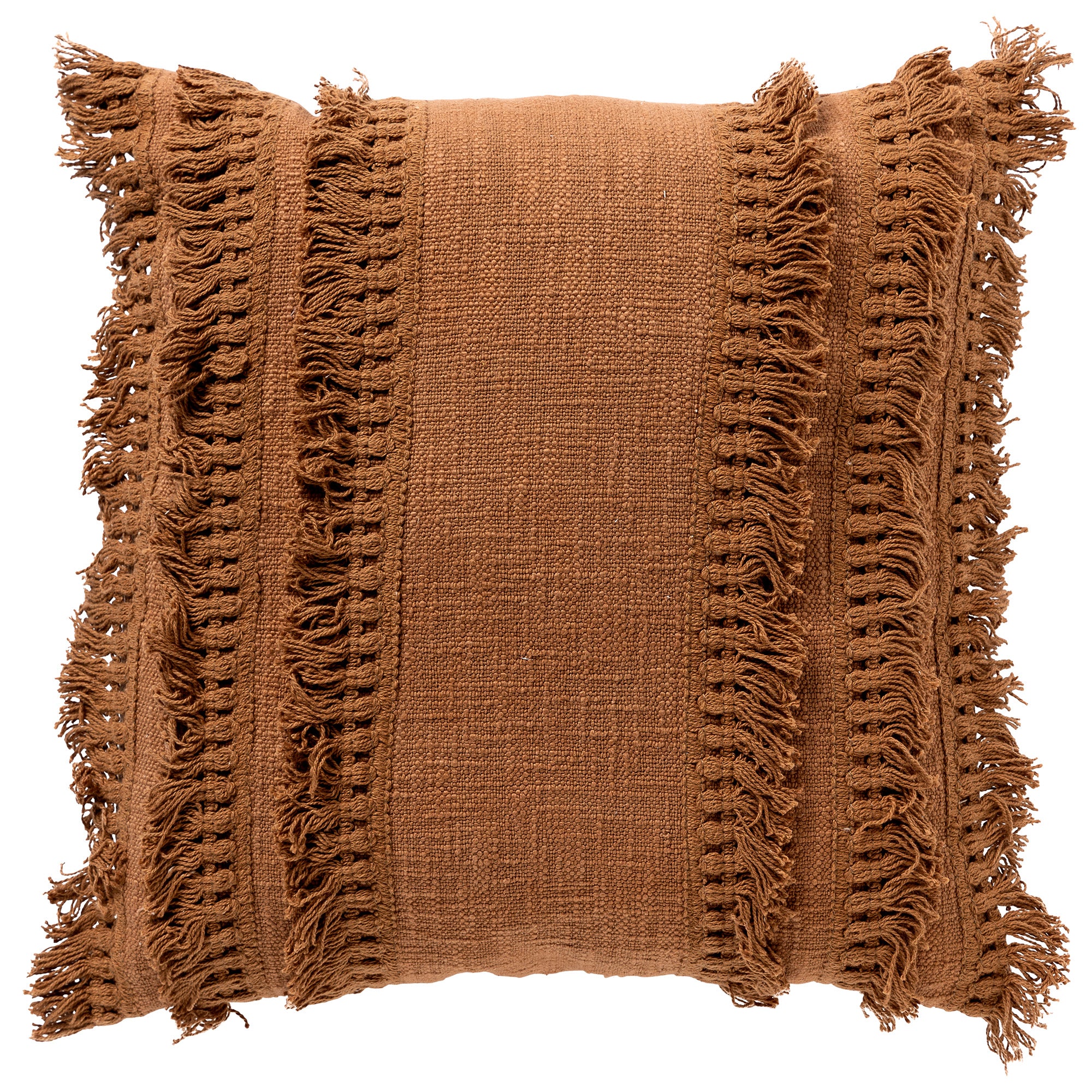 FARA - sierkussen 45x45 cm - 100% katoen - met franjes - Tobacco Brown - bruin