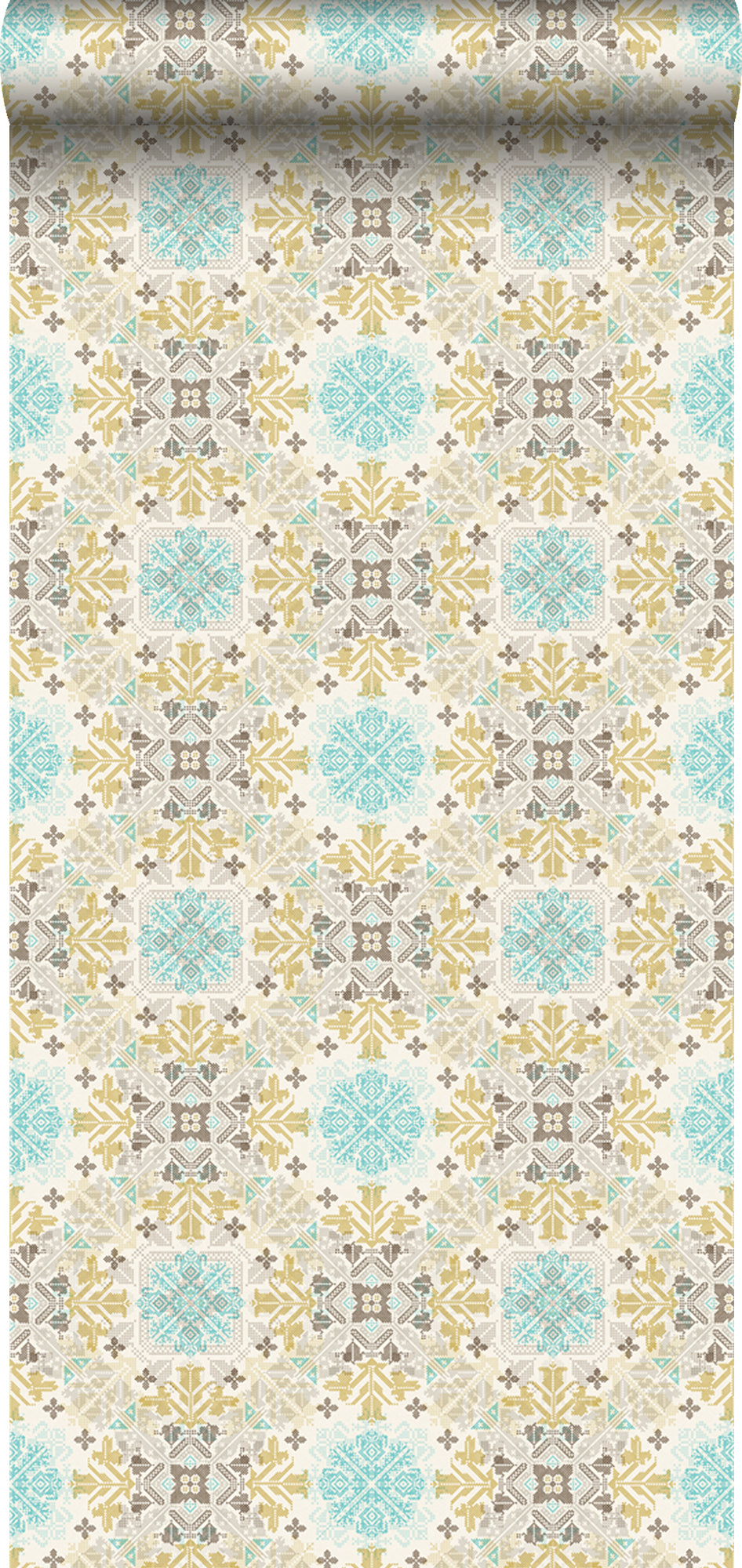 ESTAhome XXL behang folkloristisch borduurwerk beige en turquoise - 50 x 900 cm - 158605