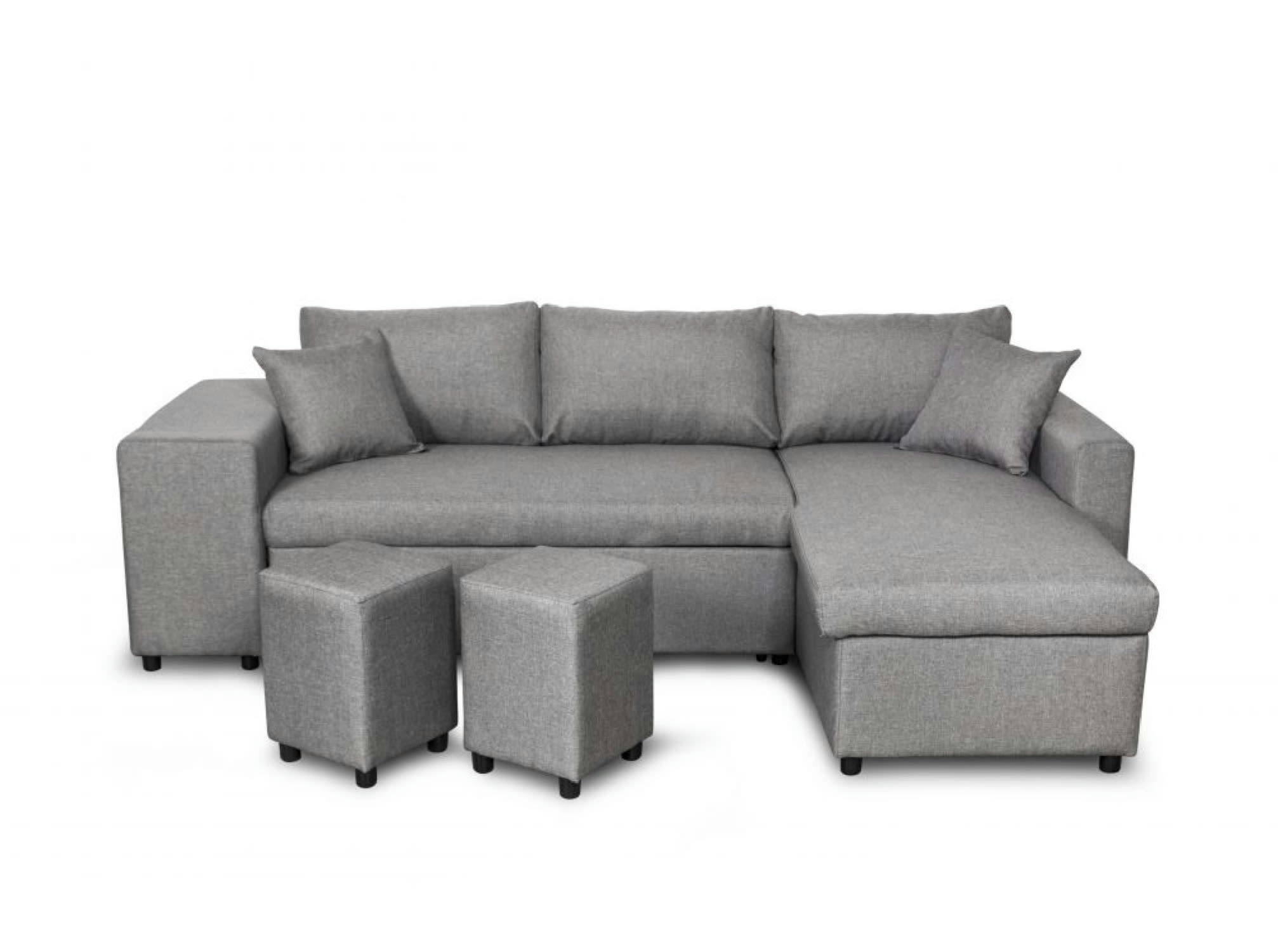 OSLO - Canapé d'angle convertible gris clair avec rangement poufs à droite