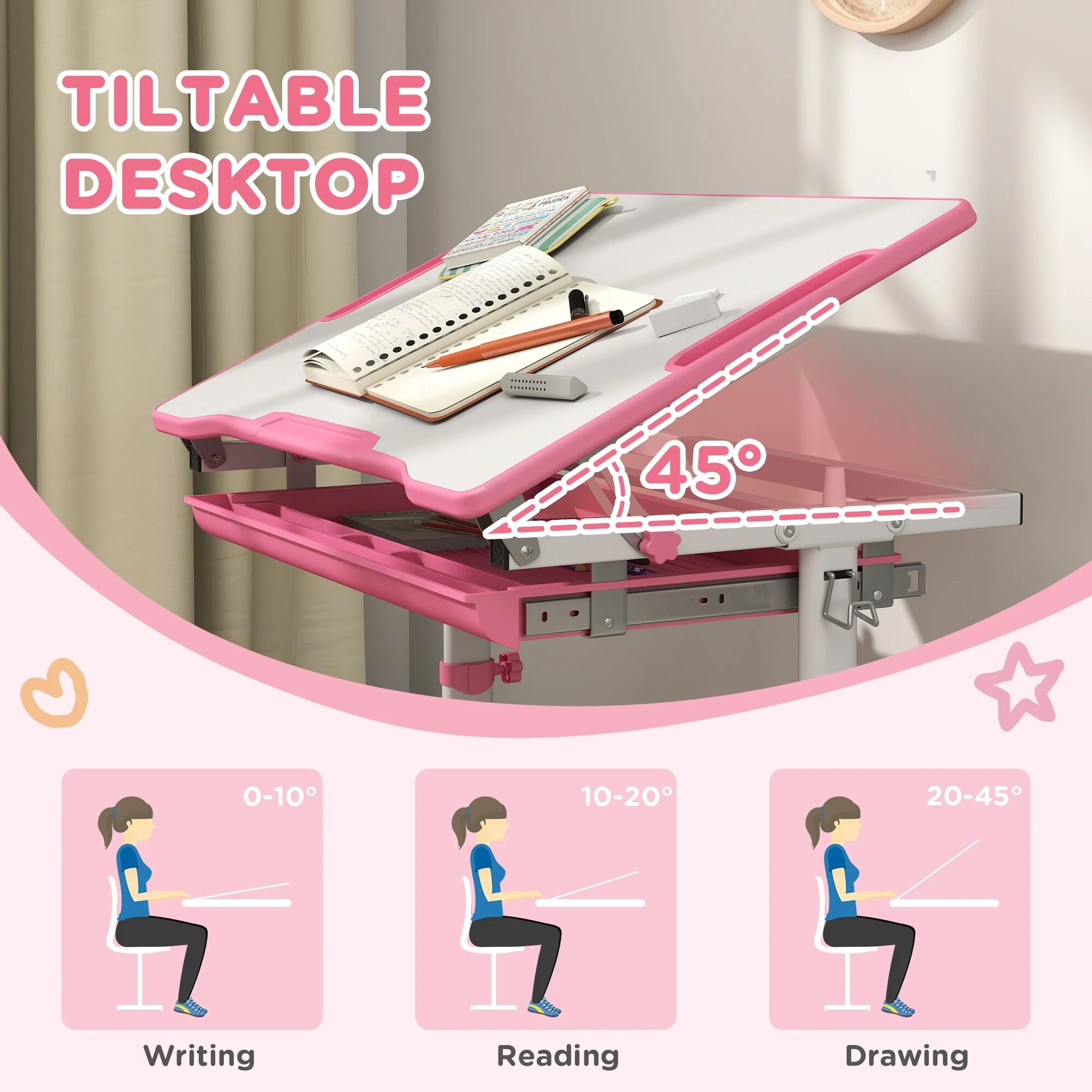 Height Adjustable Children's Desk and Chair with Storage Features, Tilting Desktop, and Comfortable Setup