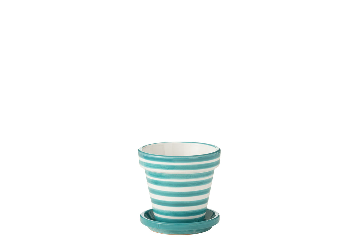 J-Line bloempot Granada Stripes Handmade   Painted - keramiek - aqua - small - Ø 21 cm