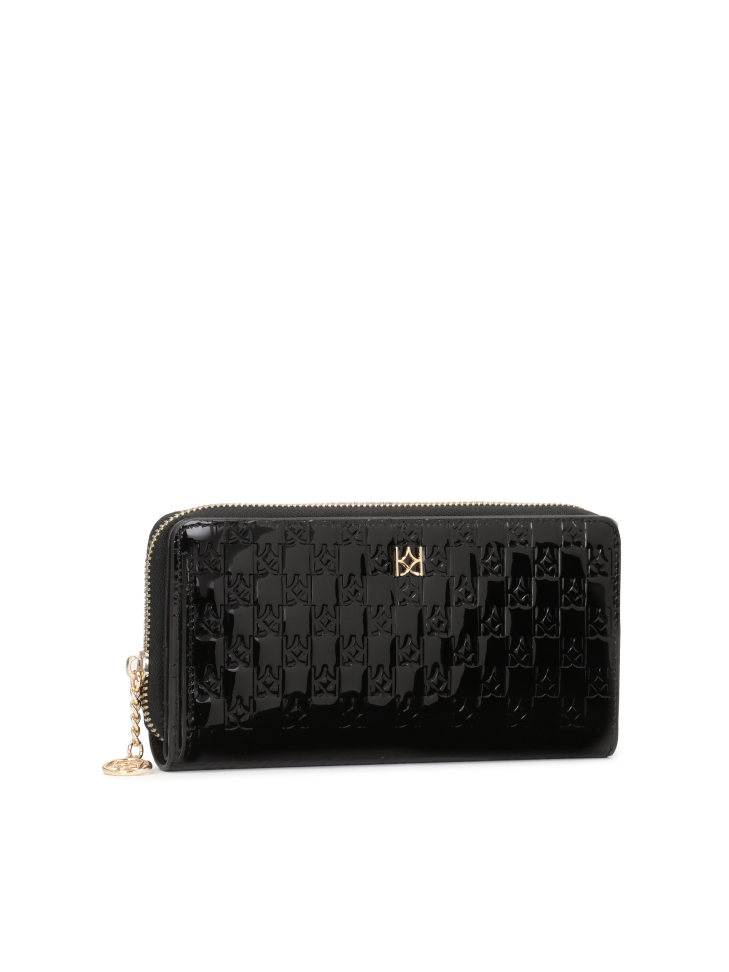 Large black patent leather wallet with embossed design