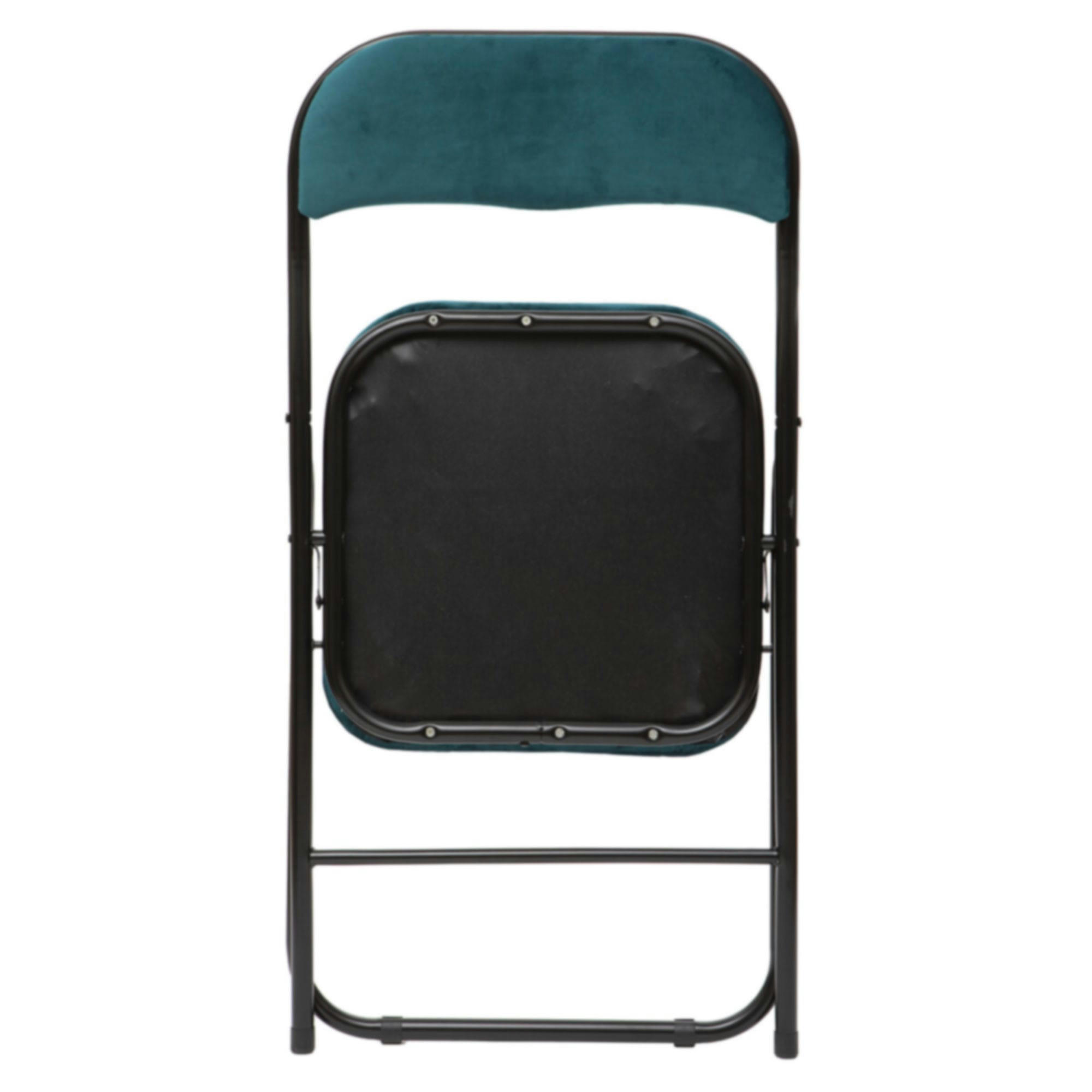 - Chaise d'appoint pliante en métal noir et velours bleu - 44x48.5x79cm