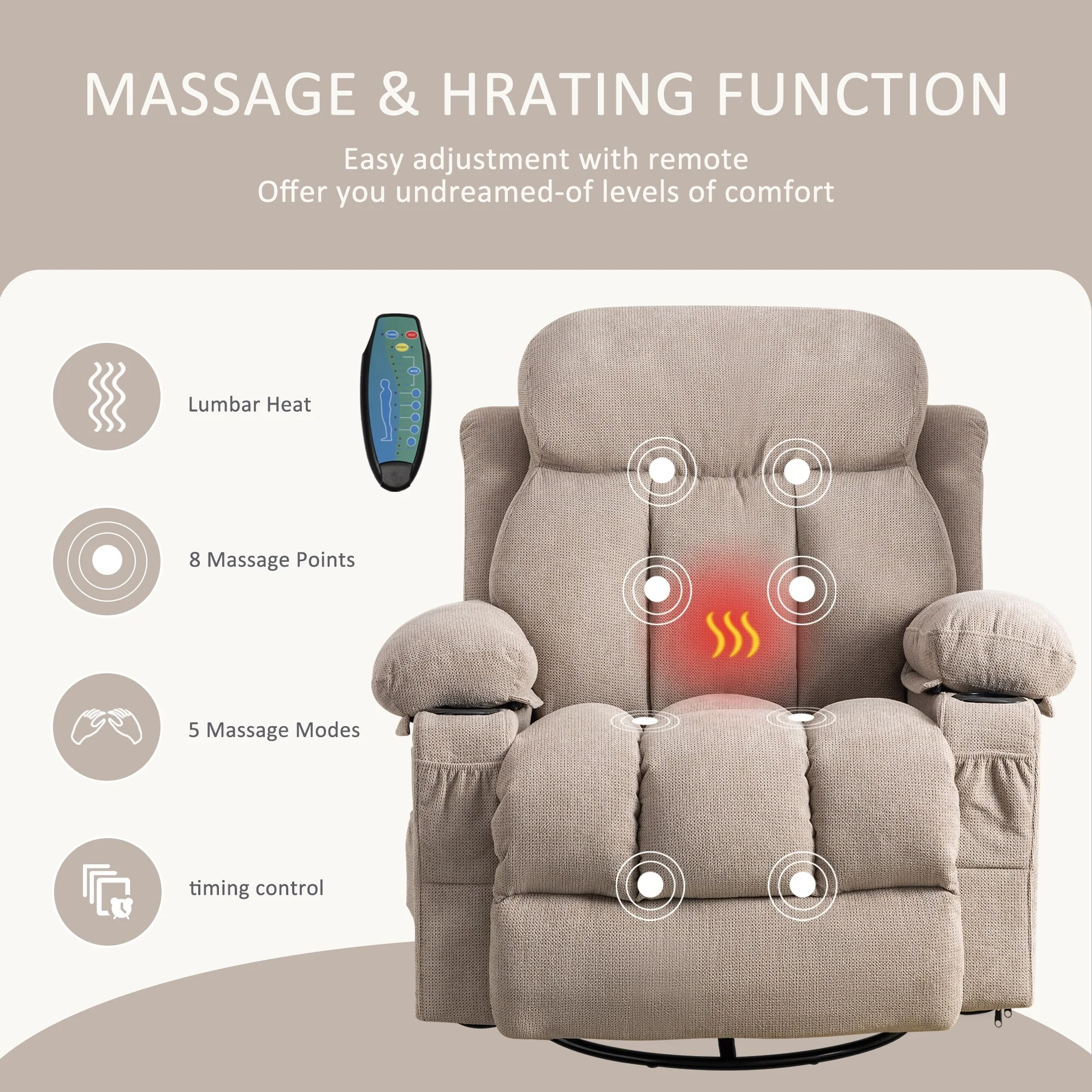360° Swivel Recliner with Massage, Heat, USB Charging, Dual Cup Holders, and Spacious Side Pockets