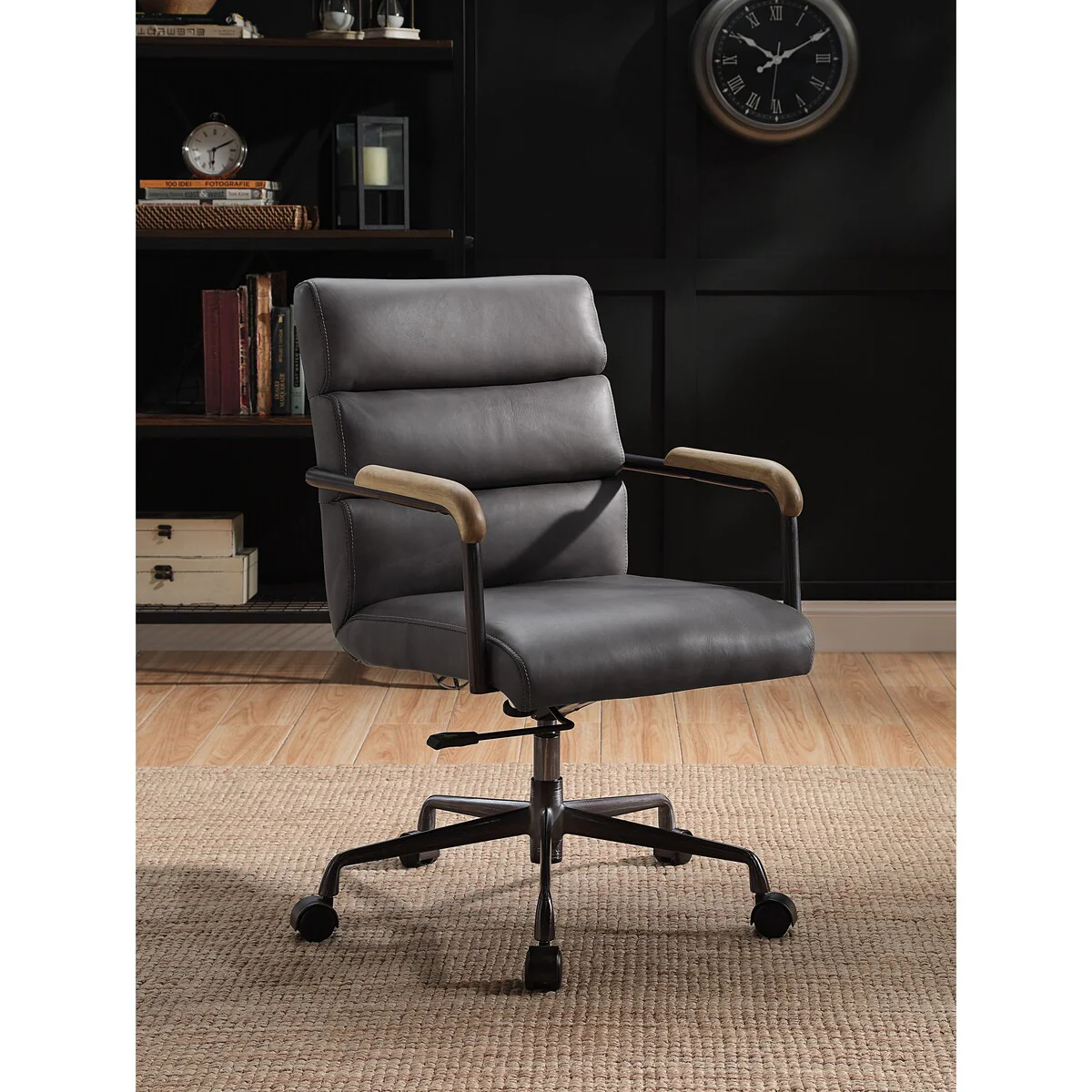 360 Degree Swivel Adjustable Seat Height Executive Office Chair in Top Grain Leather with Metal Base and Legs
