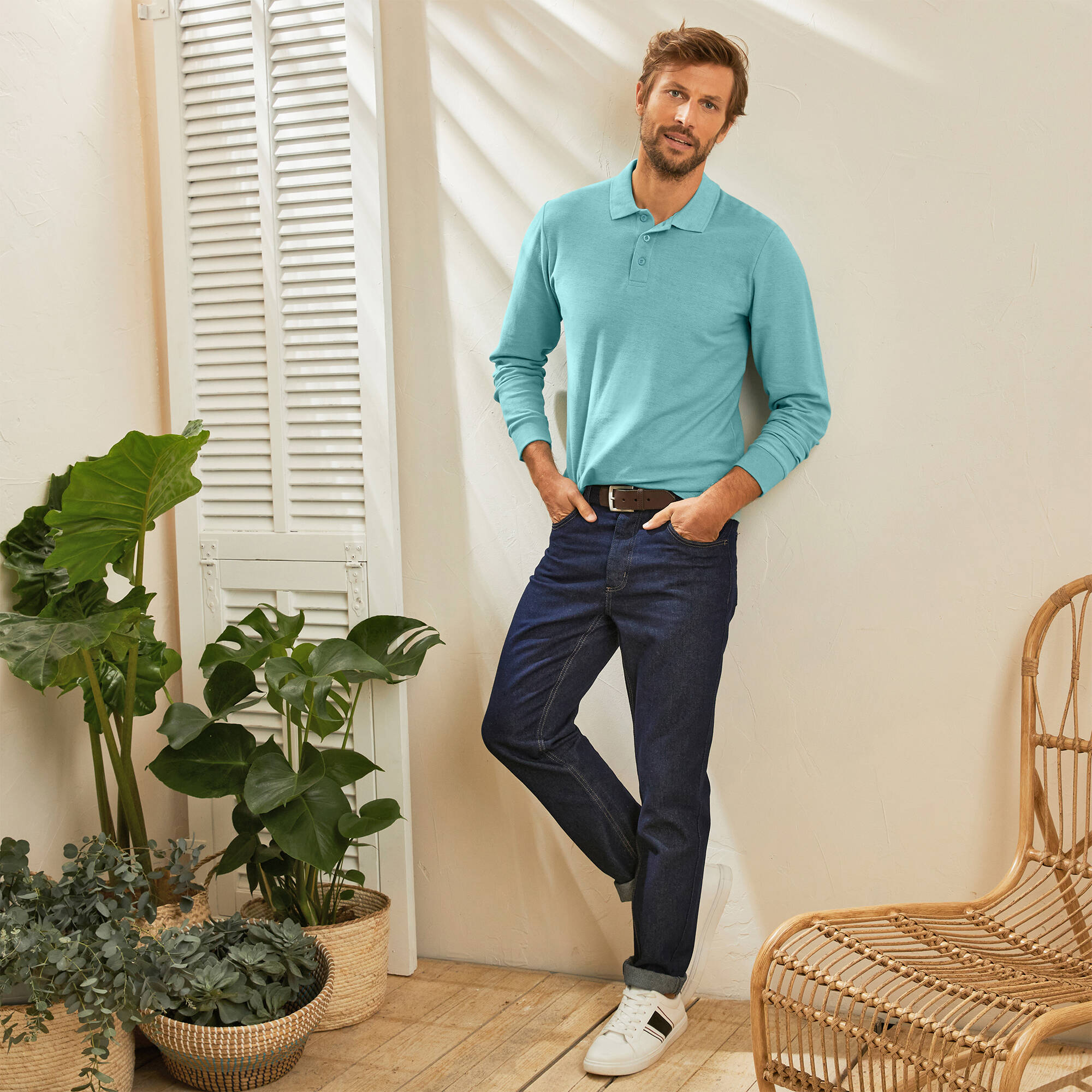 Polo uni maille piquée manches longues