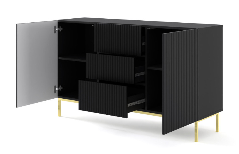 Ravenna B Komoda 150 2D3S frez MDF czarny mat   RAMA ZŁOTA