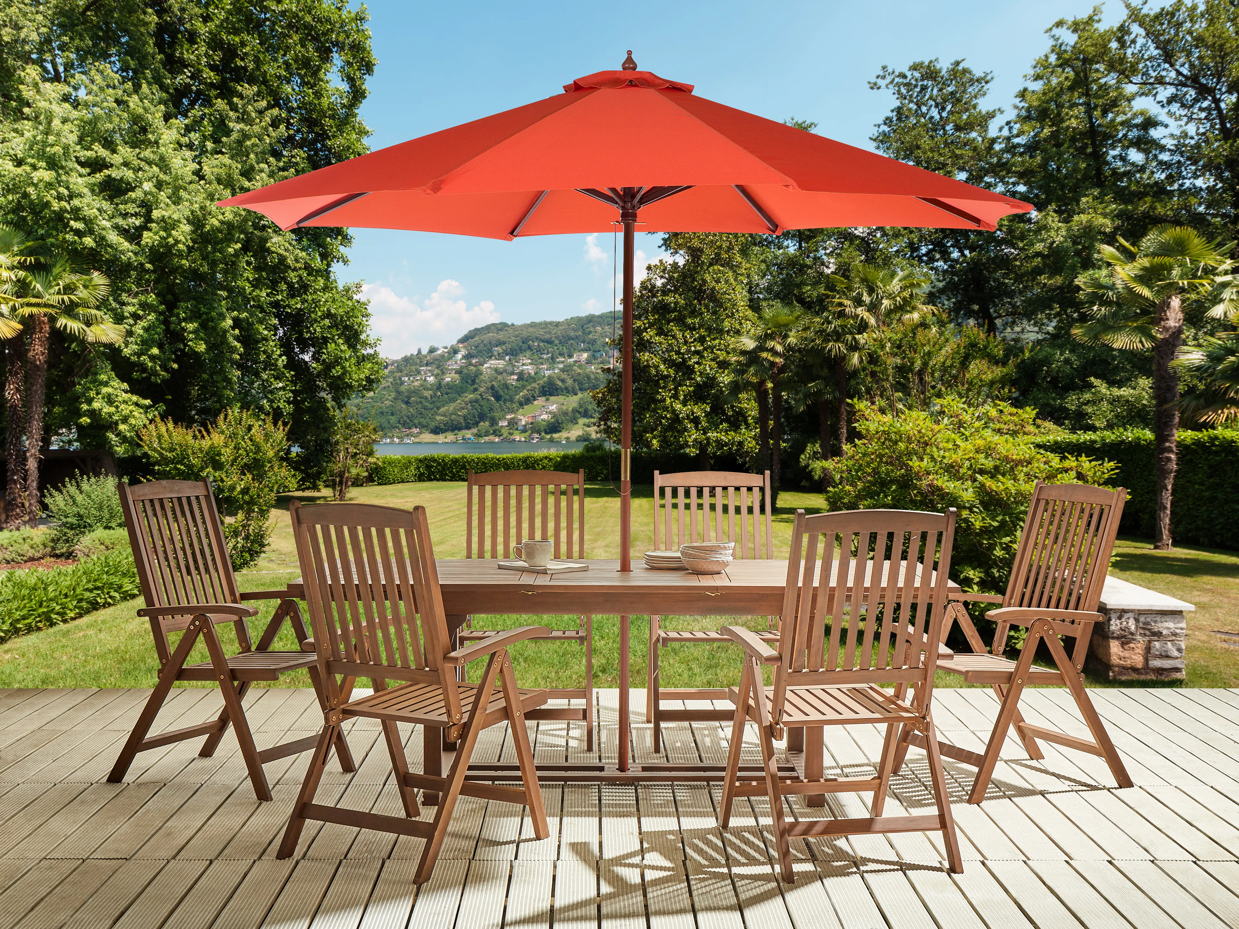 Garden Dining Set 6 Seater AMANTEA with Parasol Acacia Wood Red