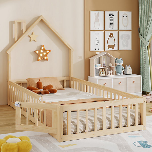 Lit Enfant 90x200 cm - Cabane Design Maison avec Cheminée Décorative et Sommier à Lattes Inclus, Bois/MDF, Naturel, sans Matelas