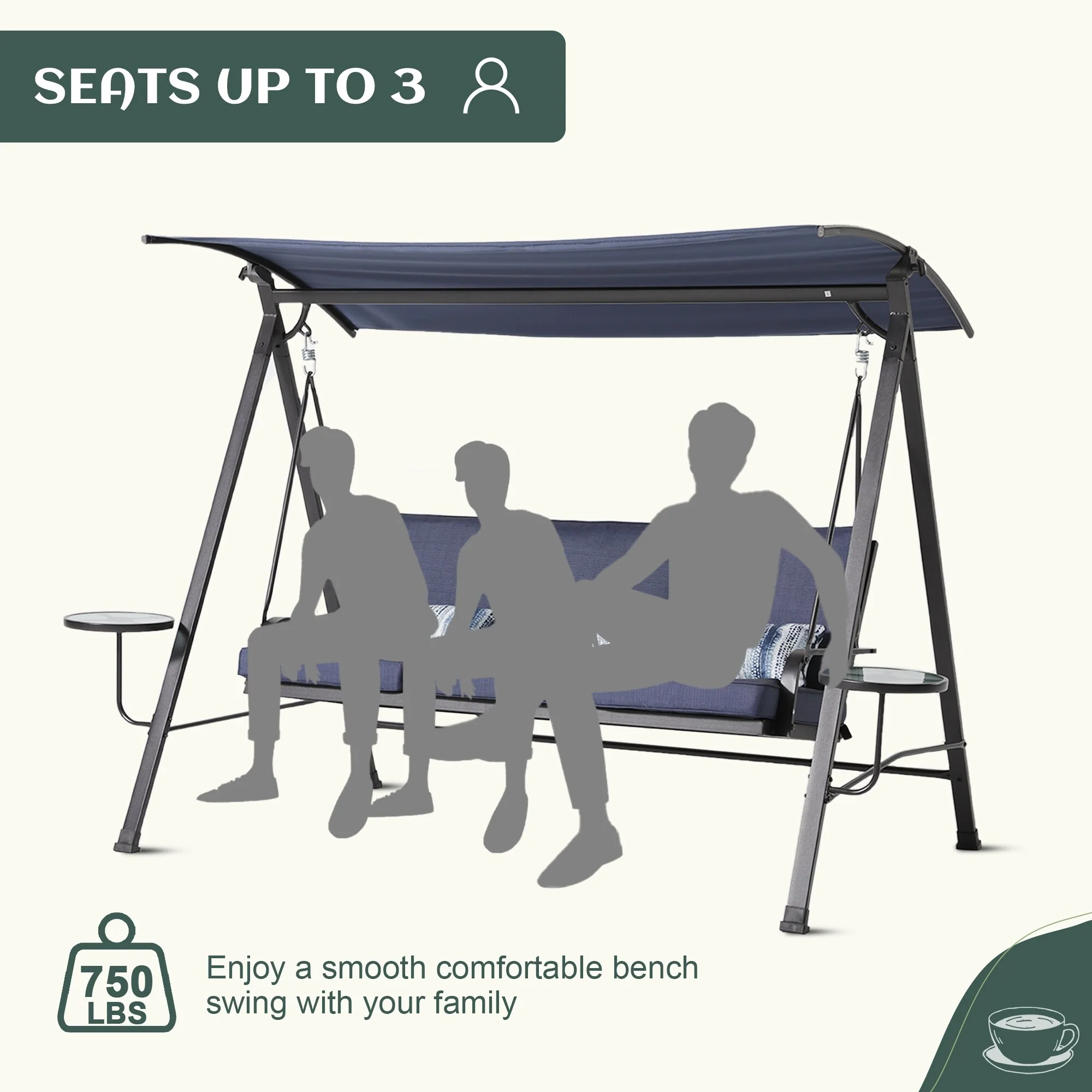 Steel 3-Seater Porch Swing with Canopy - Outdoor Patio Swing with Cushions and Rotatable Shade