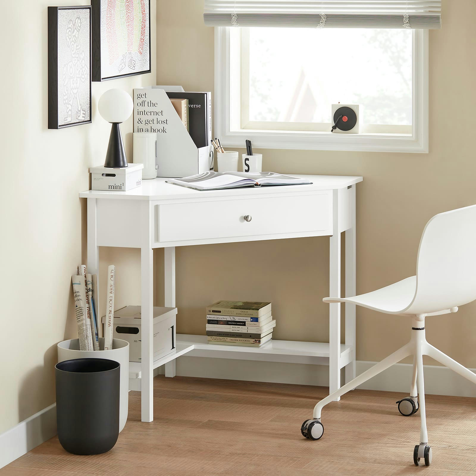 - Bureau d'angle 1 tiroir effet bois blanc