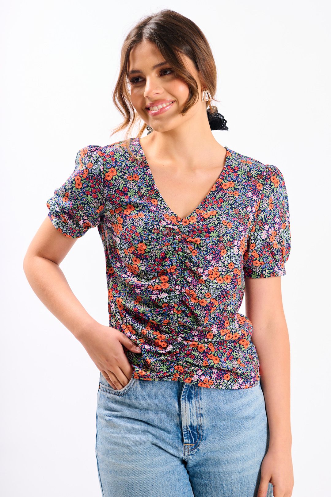 Needs No Label Multicoloured Floral Ruched Top