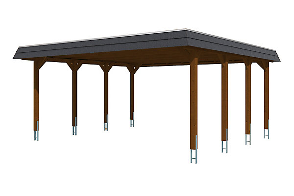 Carport SKAN HOLZ Spreewald 585x589cm, planches de toit et EPDM, bandeau noir, bois résineux imprégné, traitement coloré noyer