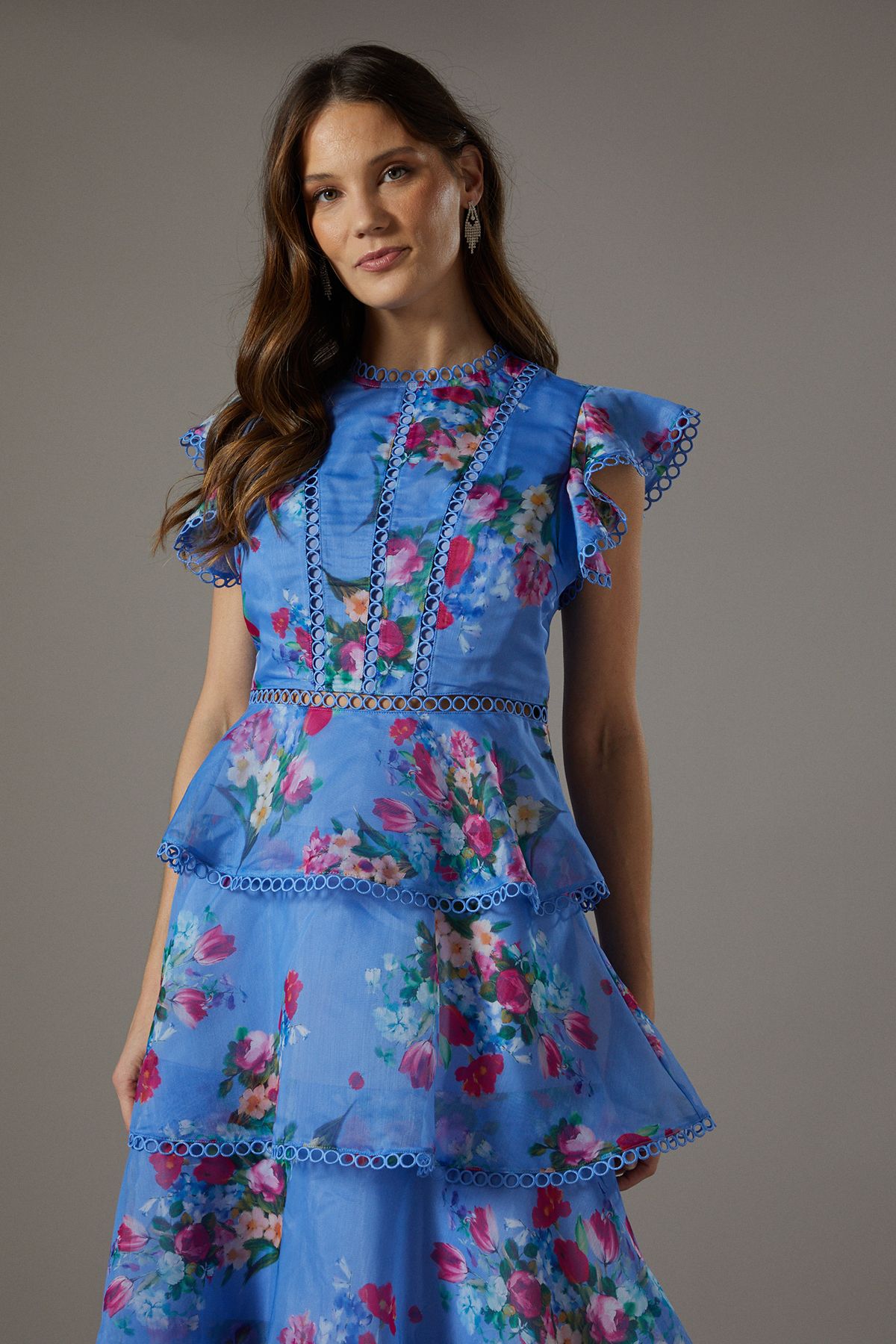 Coast Lace Trim Tiered Organza Midi Dress