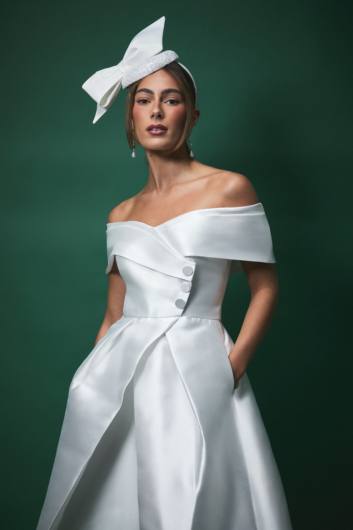 Coast Lisa Tan Twill Bardot Waisted Midi Wedding Dress
