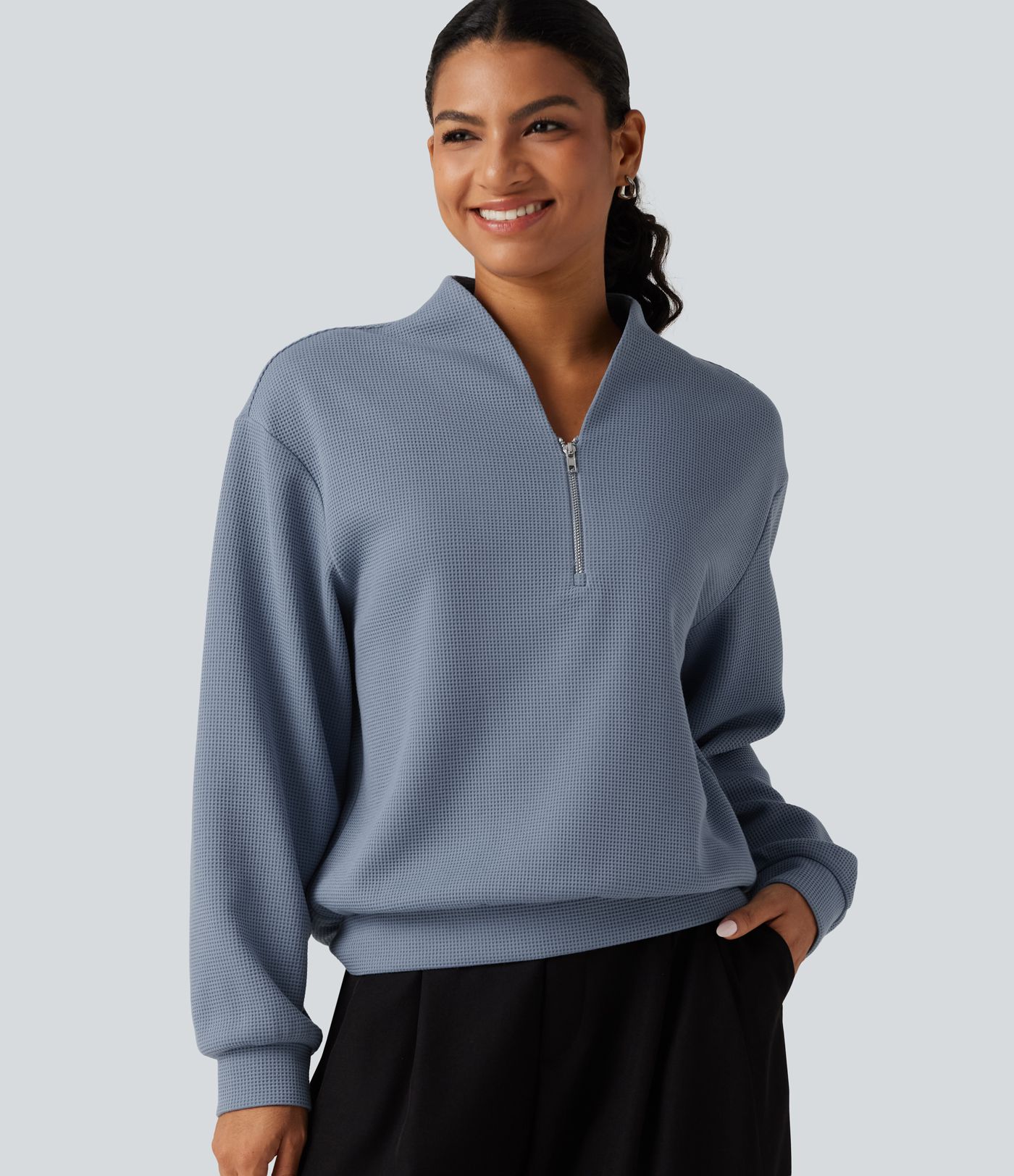 Sweat-shirt gaufré à encolure en V et manches longues
