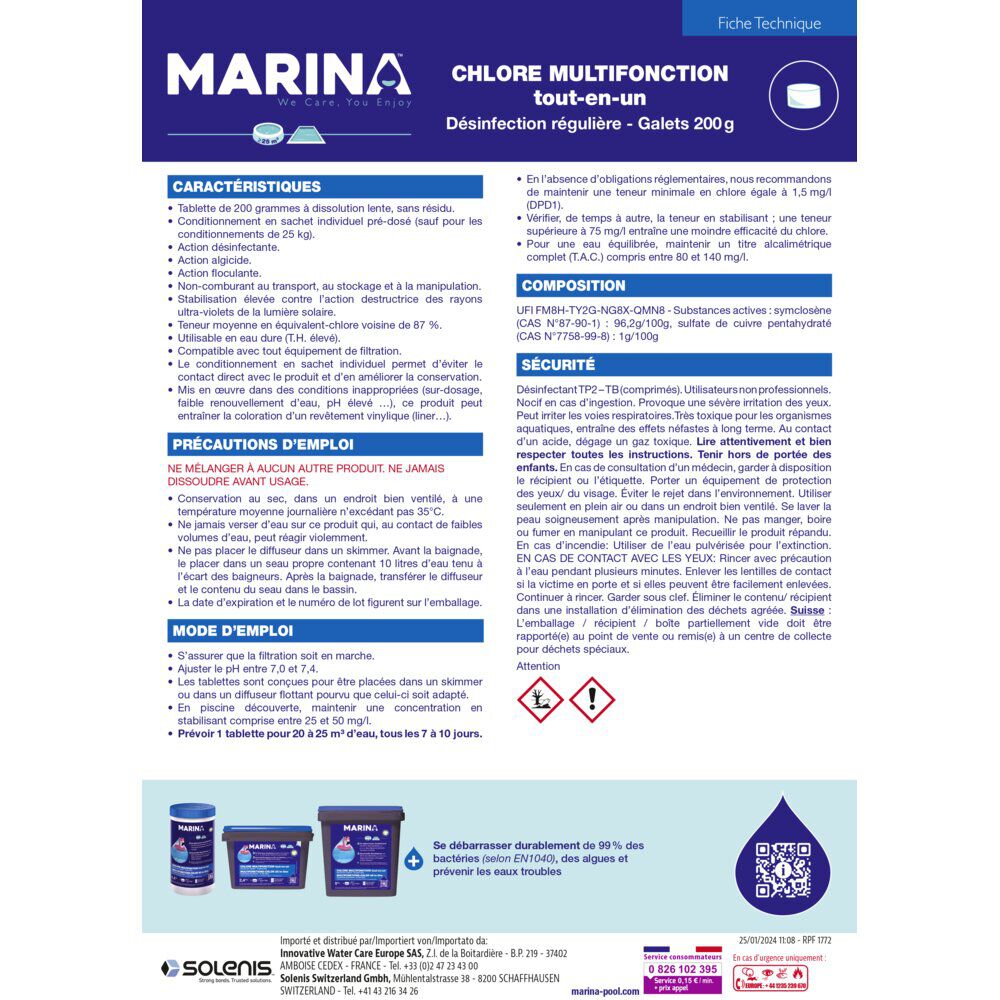 Chlore multifonctions galet 200g Marina 5kg
