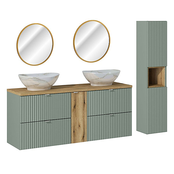 Ensemble meuble double vasque 140cm 4 tiroirs miroirs LED et colonne Jade Vert et Bois
