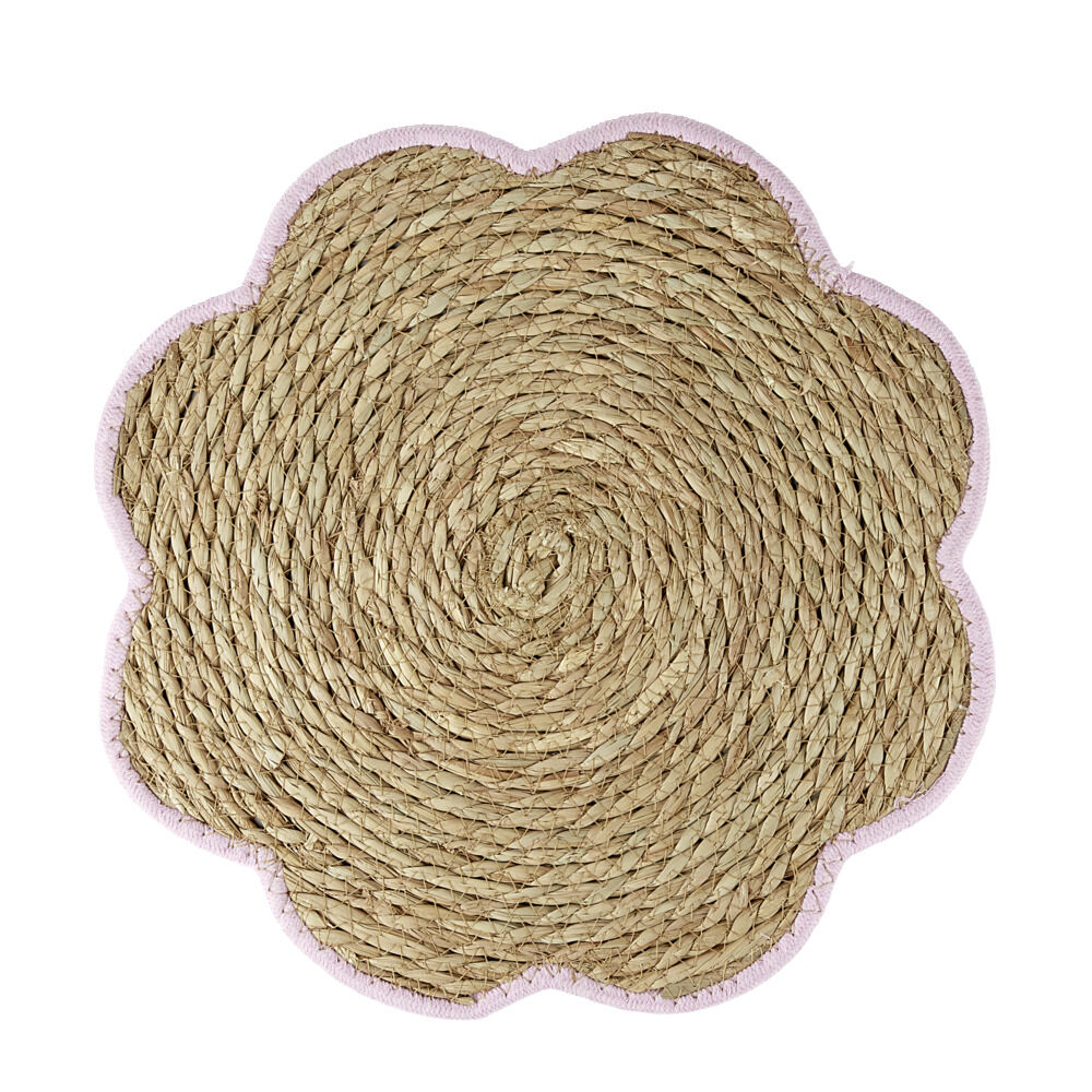 Set de table jonc de mer tressé et coton forme fleur contour rose Ø38cm
