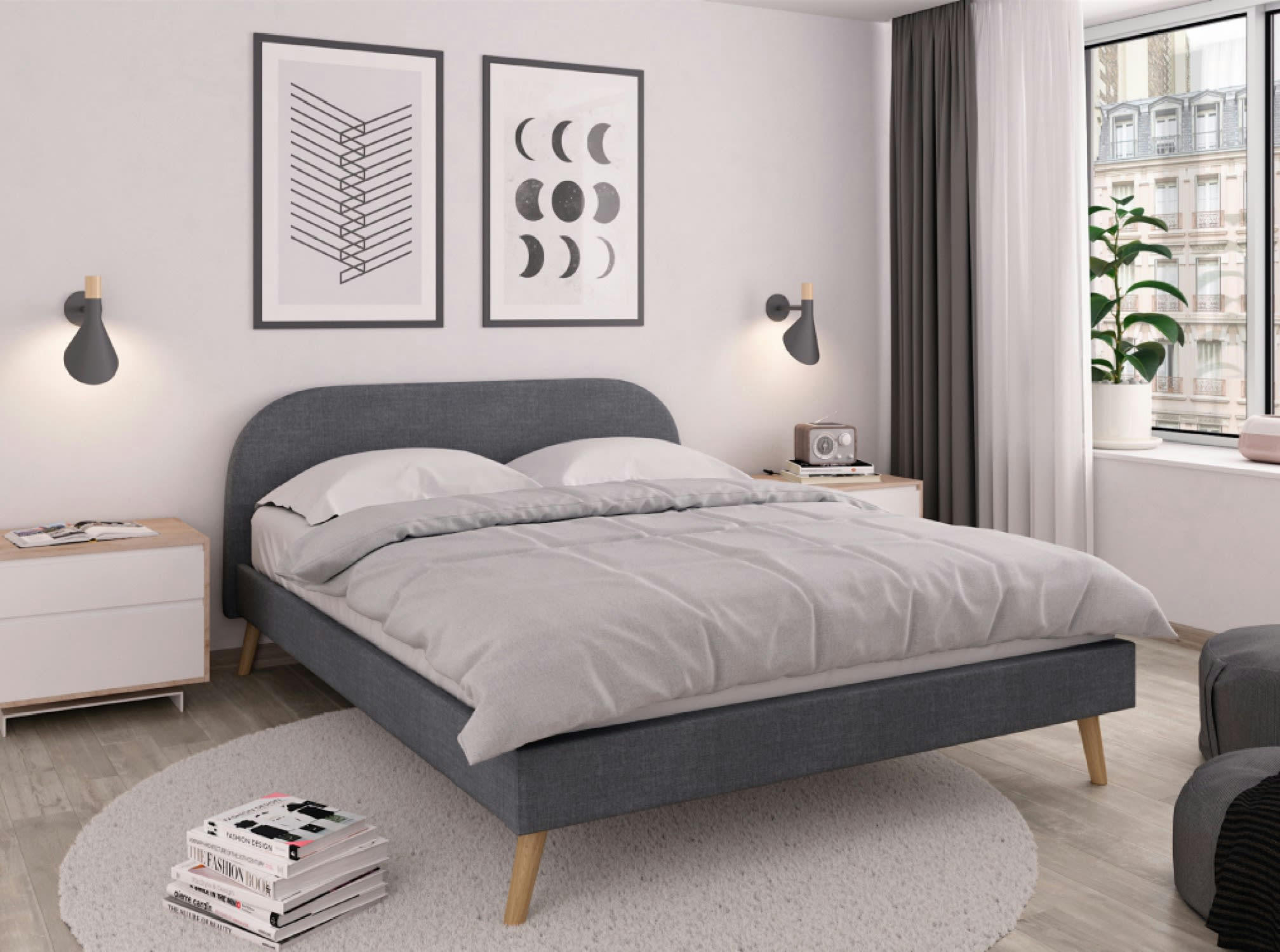 MOBY - Cadre de lit avec sommier à lattes en tissu - Gris - 160 cm
