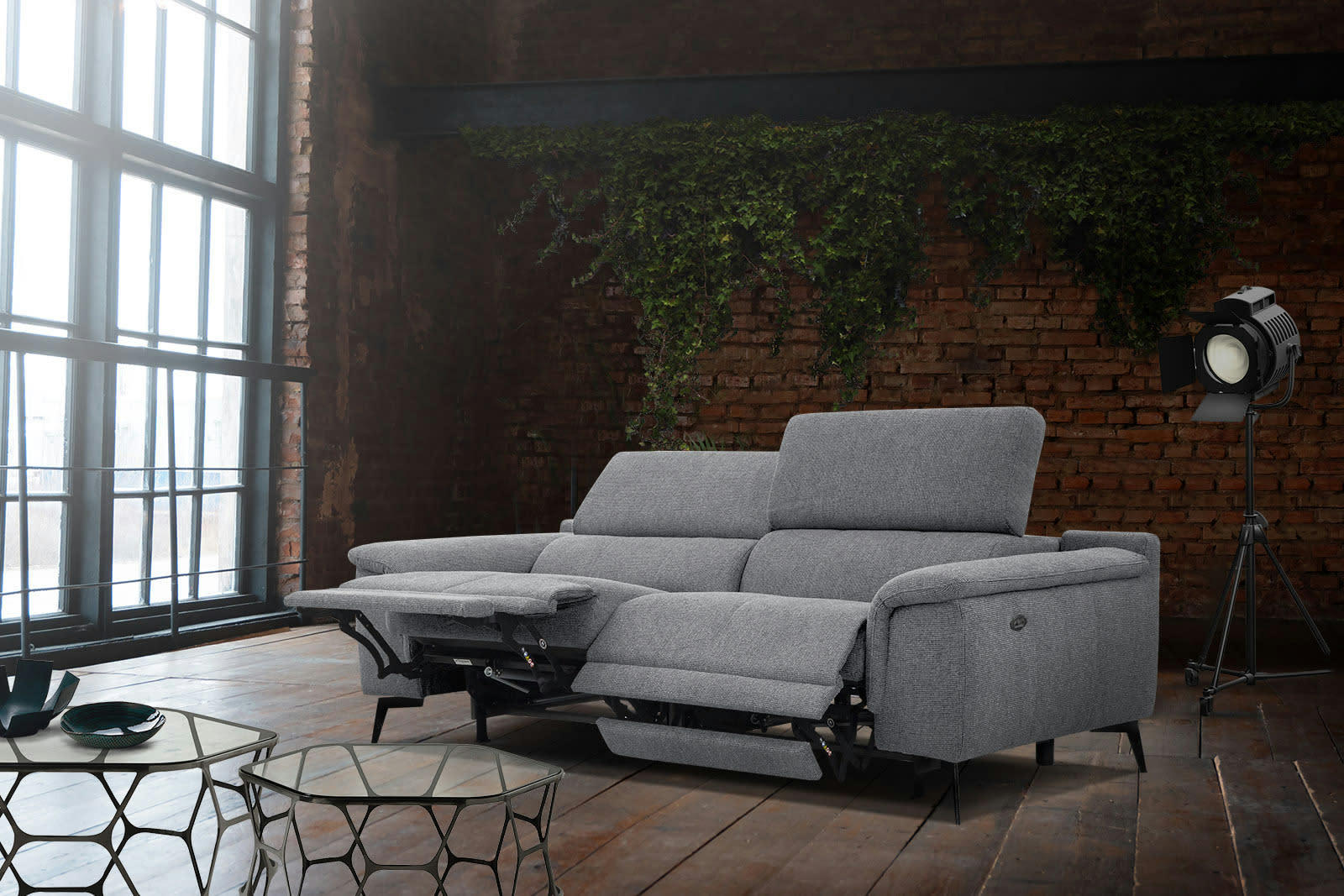 FIERO - Canapé droit 3 places XXL avec 2 relax  électriques tissu gris
