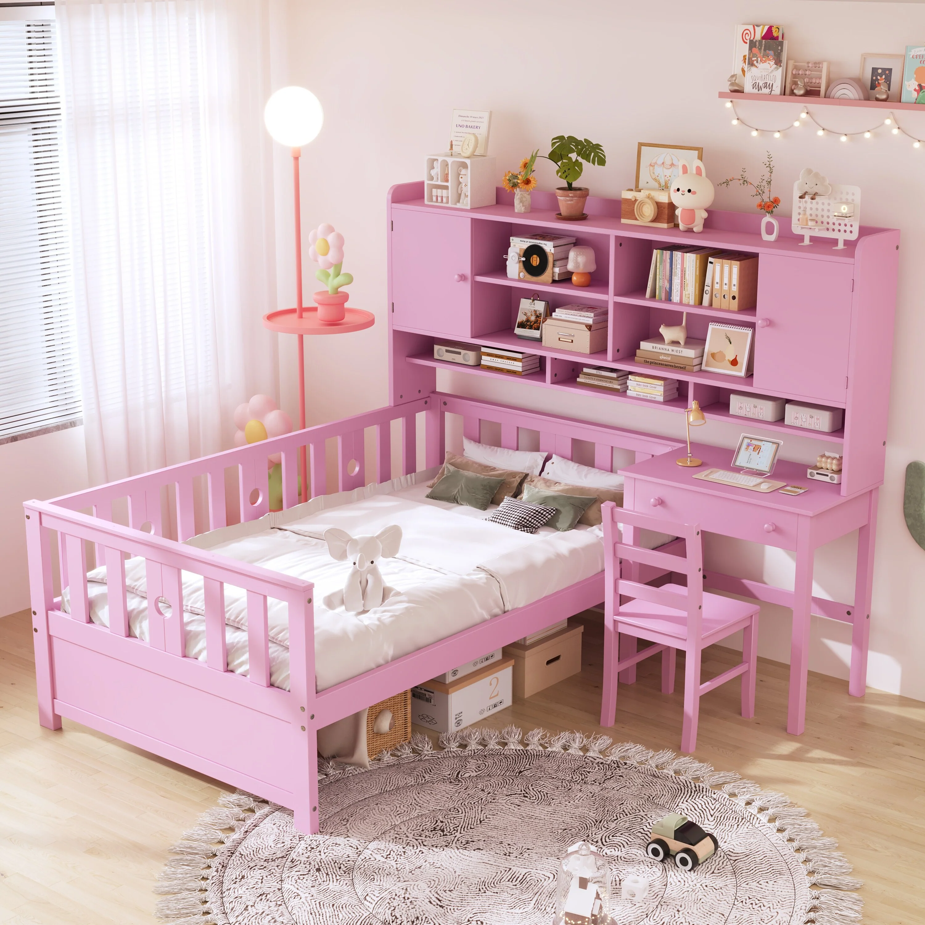 Kids Bed Frame with Desk, Bookcase Headboard and Matching Chair, Wood Platform Bed with Storage for Kids Teens