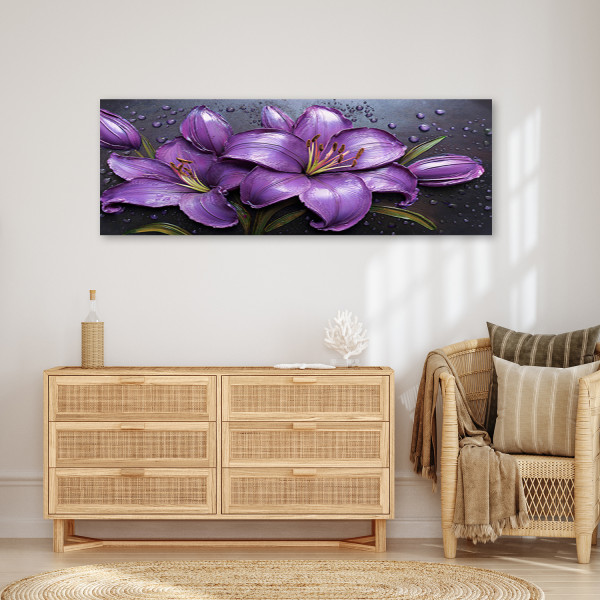 Feeby Obraz na płótnie, Fioletowe Lilie Kwiaty Krople Rosy 90x30