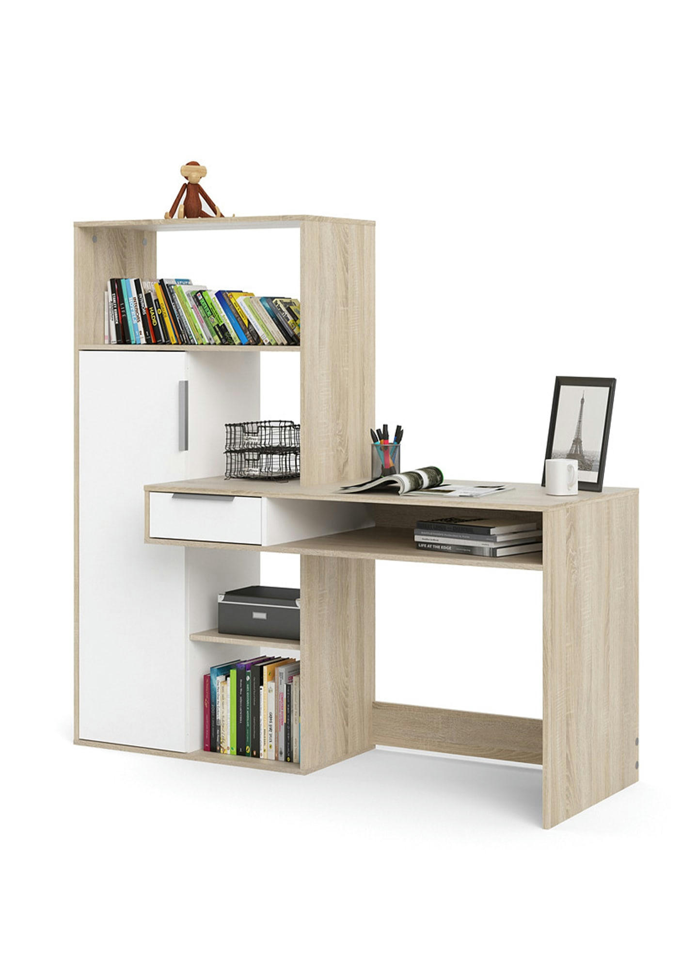 - Bureau multifonction avec bibliothèque effet bois blanc