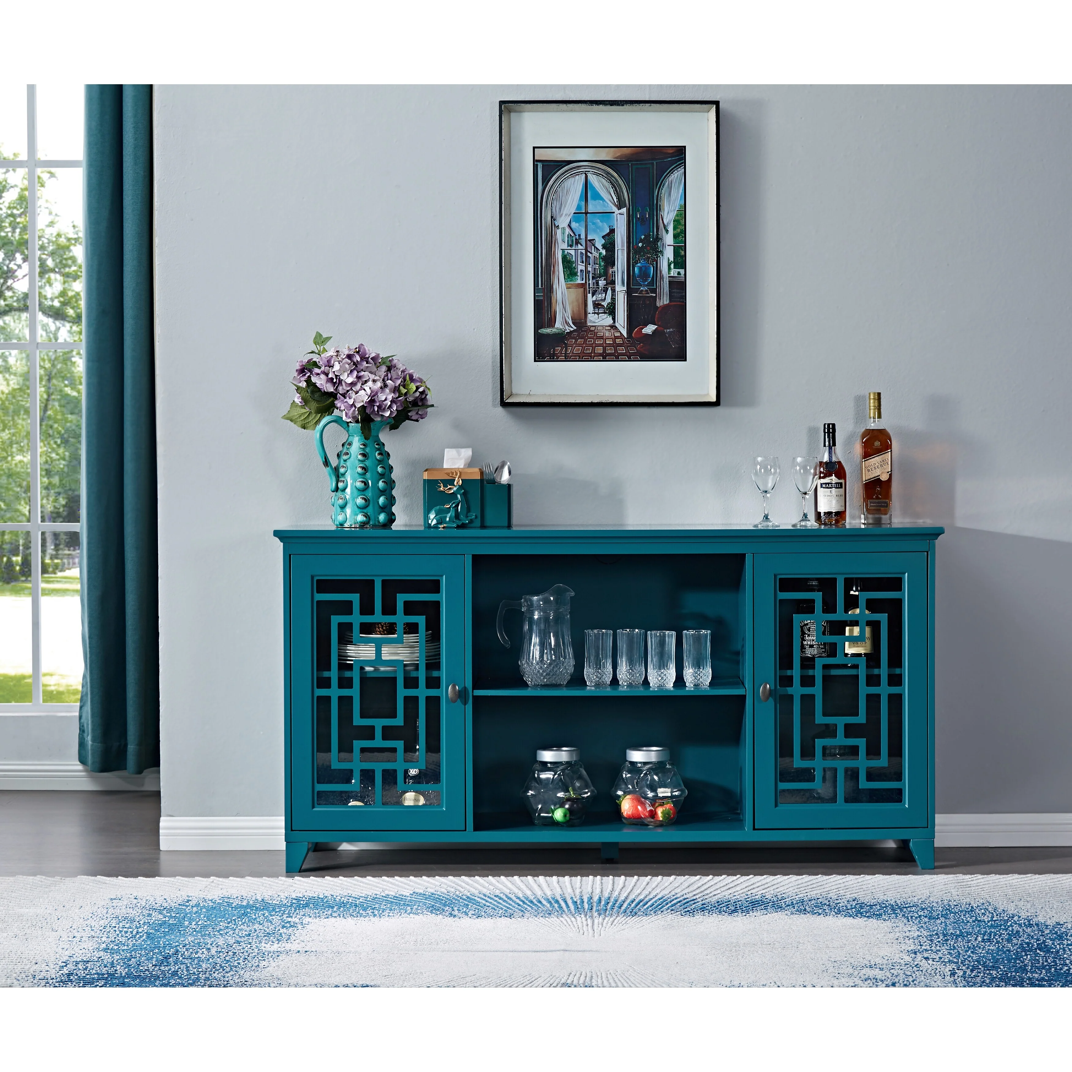 Modern Storage Cabinet with Adjustable Shelves, Solid Wood Legs and Tempered Glass Doors