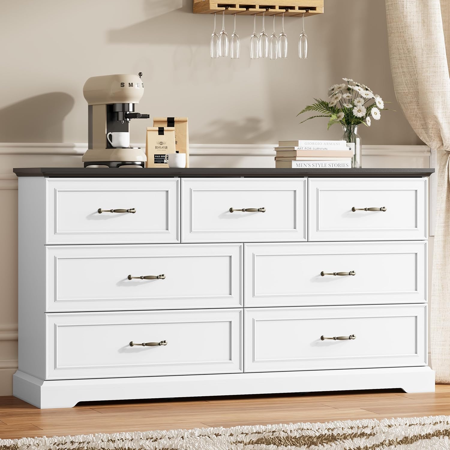 7 Drawer Dresser for Bedroom, 57 Wide Wooden Chest of Drawers, Rustic Farmhouse Dresser with Large Drawers & Metal Handles, Modern Storage Organizer for Closet, Living Room, Hallway, White