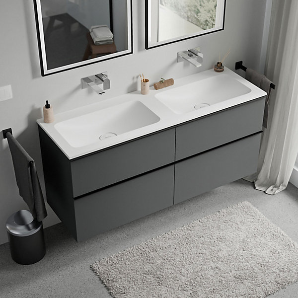 Meuble vasque suspendu MDF Anthracite mat, lavabo fonte Blanc mat sans trou robinet, poignée Noir mat - 120x46x62cm - LAVOA