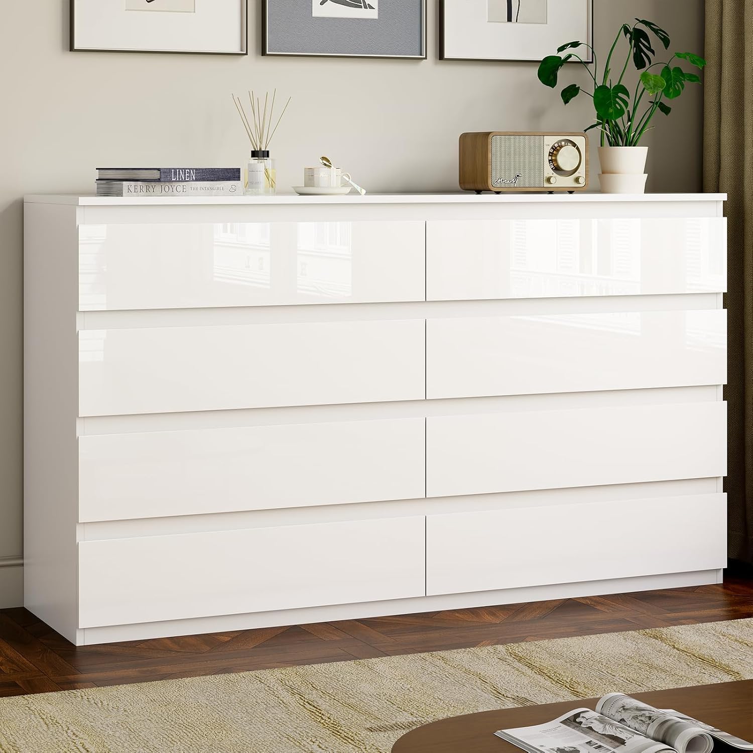 White Wood Dresser for Bedroom, 8 Drawer Dressers for Clothes Storage, Modern Dresser with Wide Drawers, Wide Wooden Chest Drawers for Living Room, Entryway, TV Stand(55 W x15.4 Dx32.3 H)