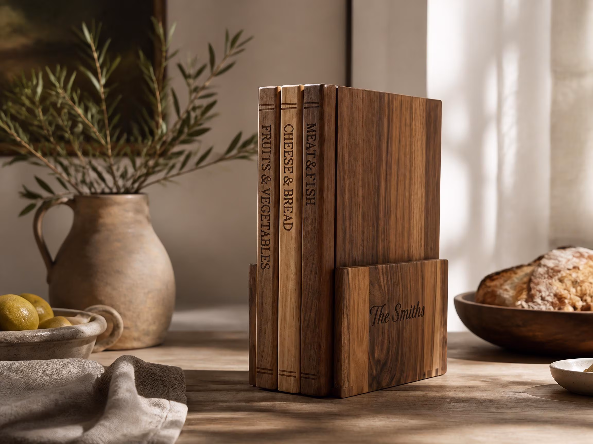 Engraved Wooden Book Cutting Board Set with Stand | Kitchen Organizer | Charcuterie Board