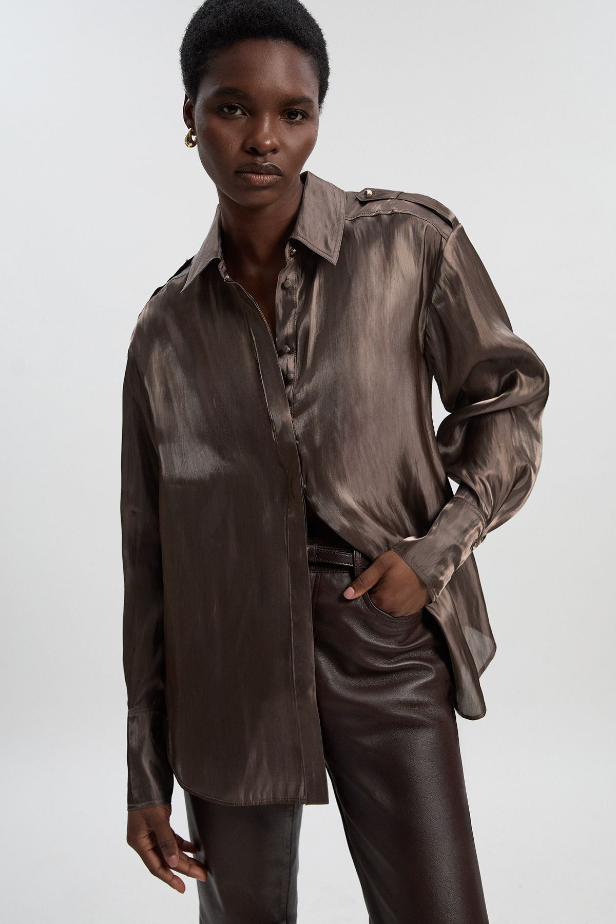 KarenMillen Metallic Woven Collared Shirt