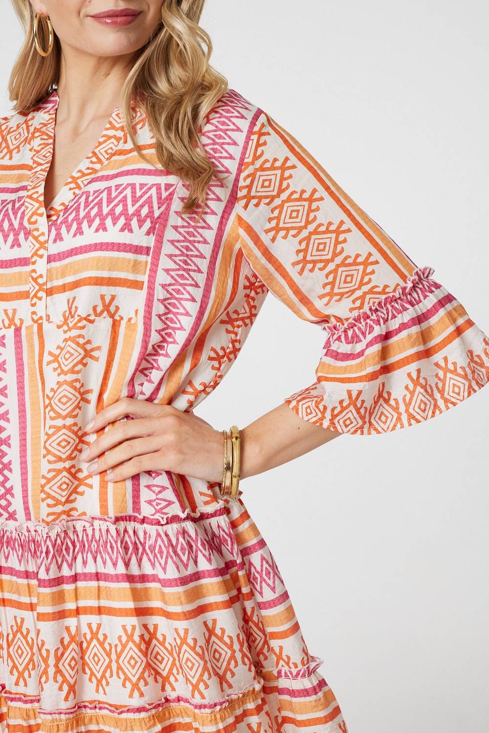 Izabel London Aztec Print V-Neck 3/4 Sleeve Short Dress