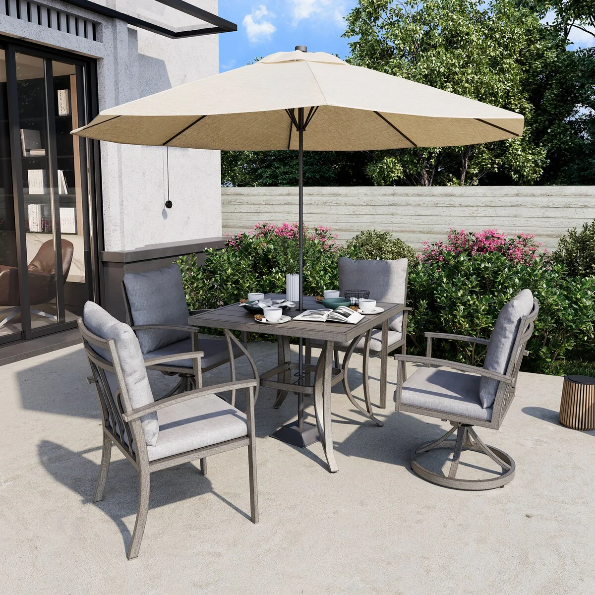5-Piece Aluminum Patio Dining Set with 2 Swivel Dining Chairs and 2 Dining Chairs and Washable Cushions