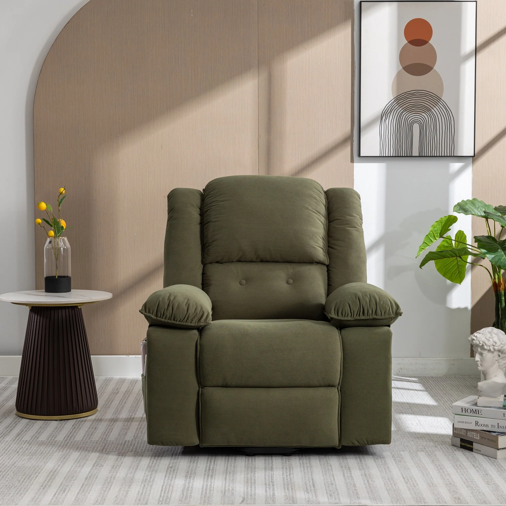 Beige Lift Recliner for Seniors featuring Massage, Heating, Adjustable Recline, Side Storage, and Multiple Positioning Options
