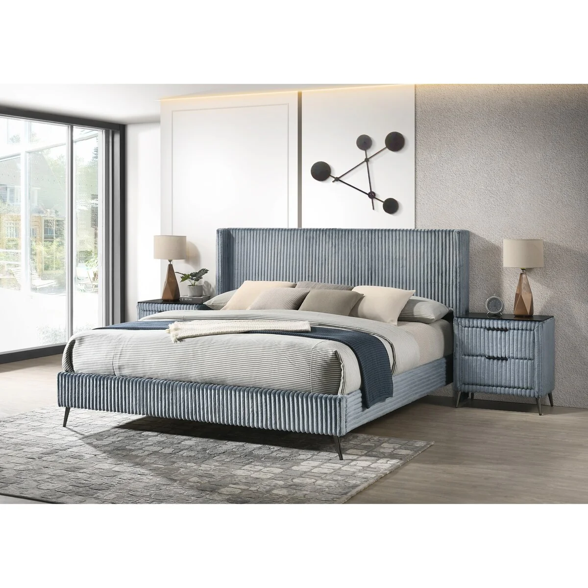 Roundhill Furniture Mavela Wide Wale Corduroy Upholstery Bed with 2 Nightstands, Blue