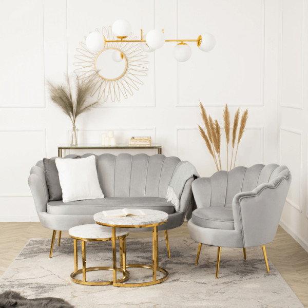 Zestaw Sofa Szara i 2 Fotele Muszelka Meble Wypoczynkowe Glamour Złote