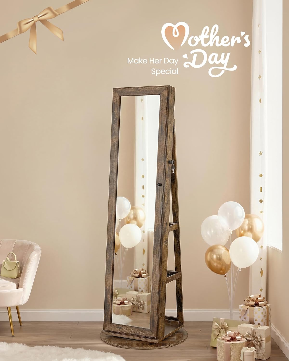 SONGMICS 360° Swivel Jewelry Cabinet, Lockable Jewelry Organizer with Full-Length Mirror, Rear Storage Shelves, Interior Mirror, Jewelry Armoire, Gift Idea, Rustic Brown UJJC006X01